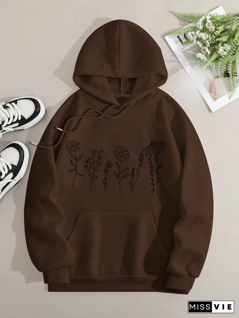 Printed on front Kangaroo Pocket Hoodie Long Sleeve for Women Pattern Flower