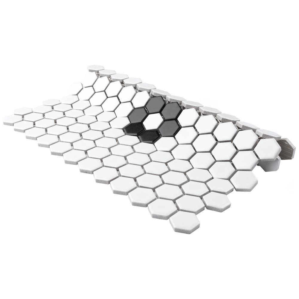 Merola Tile Metro 1 in. Hex Matte White with Single Flower 10-14 in. x 11-78 in. Porcelain Mosaic Tile (8.6 sq. ft.Case) FXLM1HMF