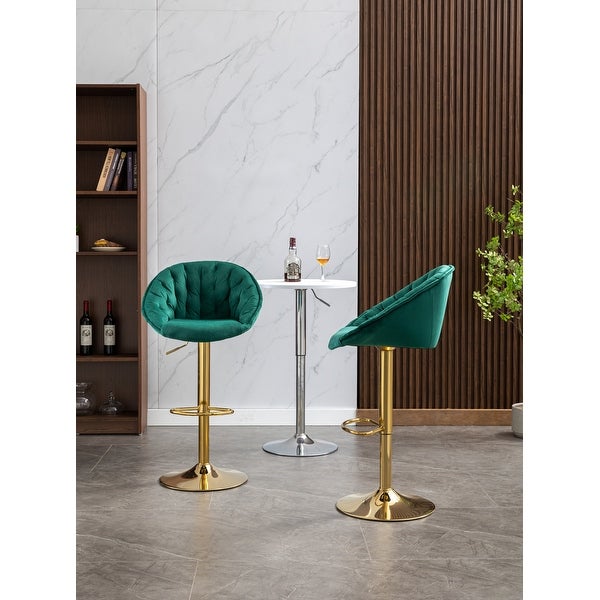 Velvet Swivel Tufted Adjustable Height Bar Stools With Golden Footrest(set of 2)