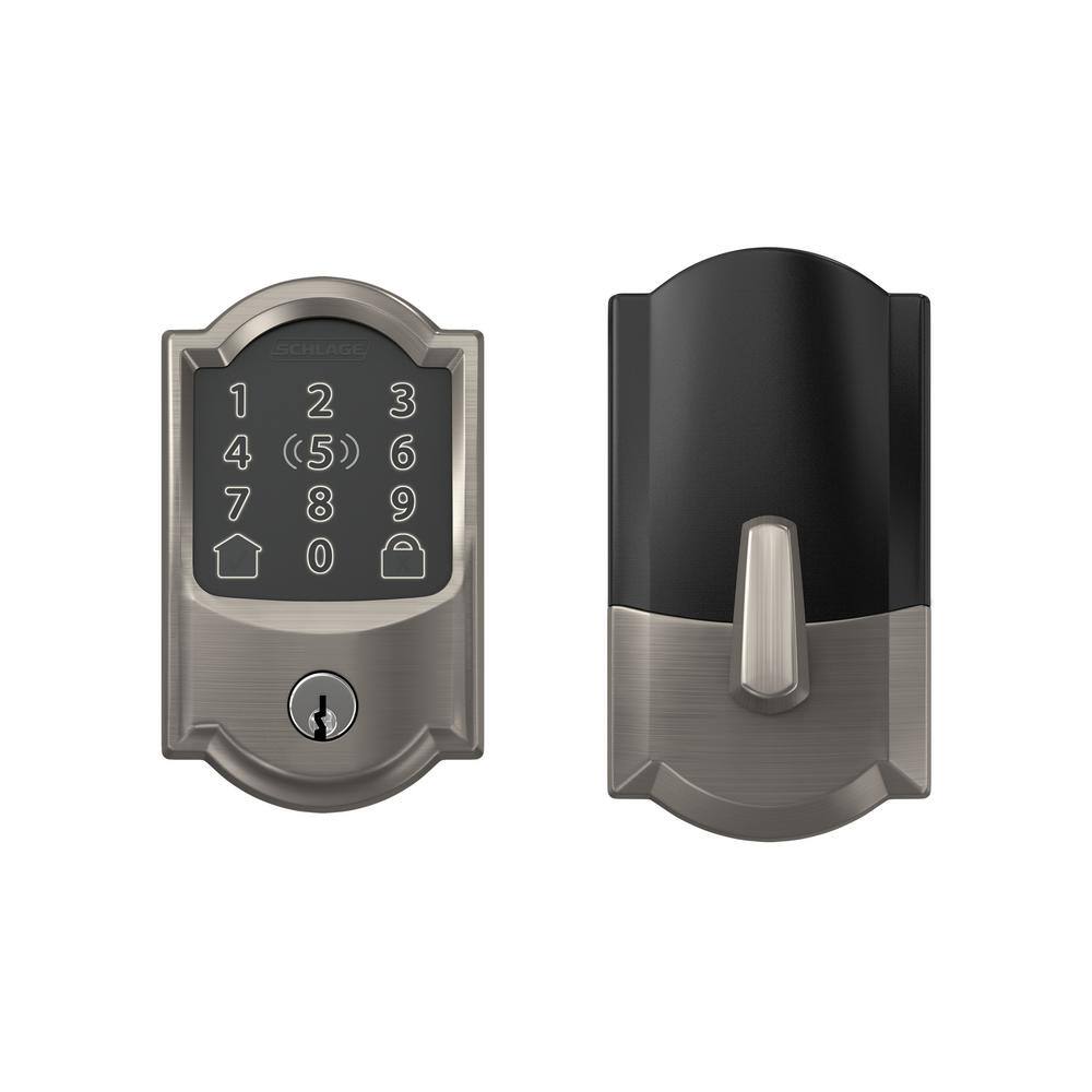 Schlage Camelot Satin Nickel Electronic Encode Plus Smart WiFi Deadbolt with Alarm BE499WB CAM 619