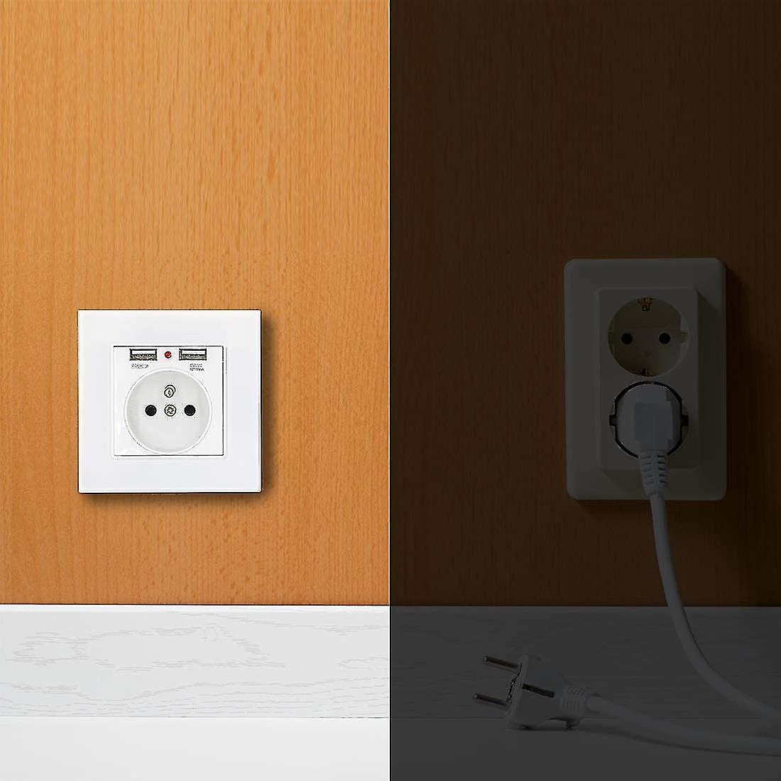 Power Socket Glass Panel French Standard Wall With Power Indicator Dual Usb Charging 2.1a，16a 250v White