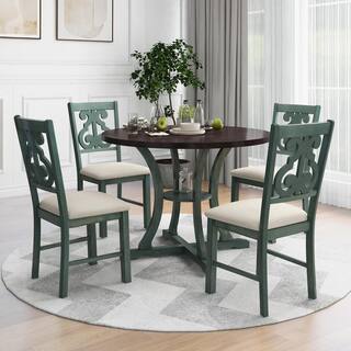 Delicately Crafted 5-Piece Round Antique Blue Wood Top Table Set Seats 4 with Hollow Chair Back ST-000056AAC