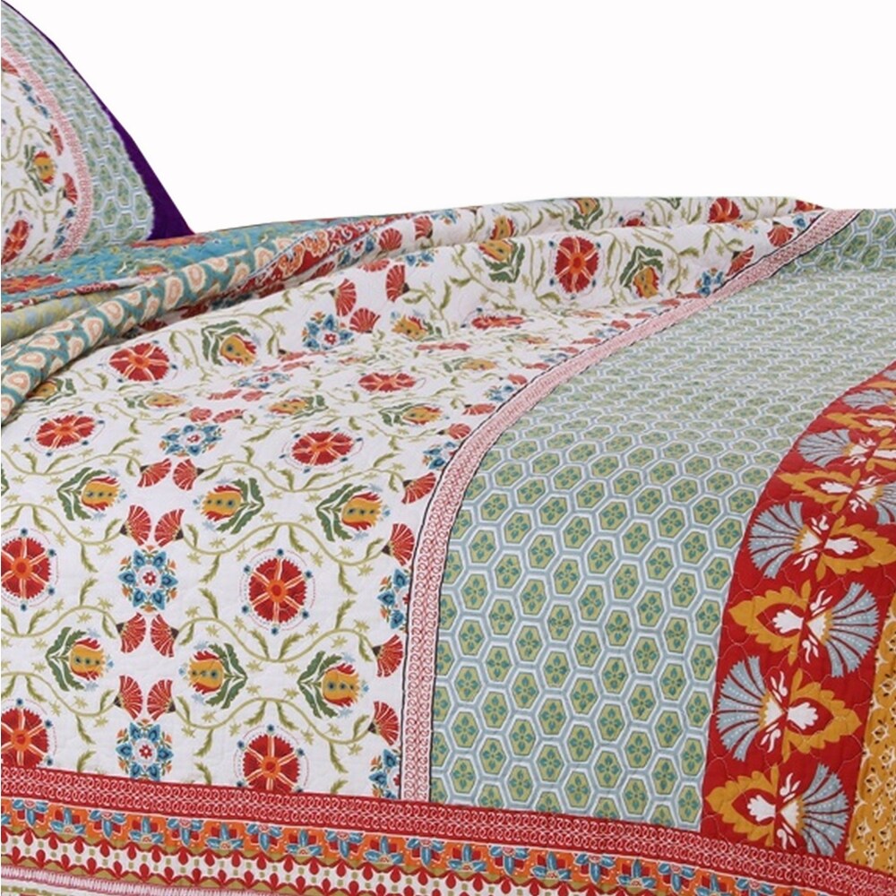 Geometric and Floral Print Full Size Quilt Set with 2 Shams  Multicolor