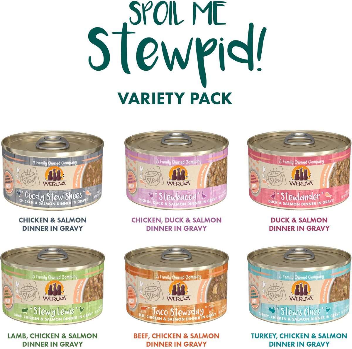 Weruva Classic Stews， Spoil Me Stewpid! Variety Pack Wet Cat Food， 3-oz， 18 pack