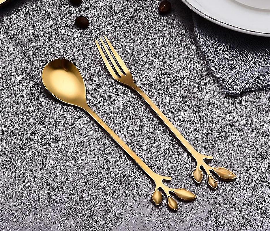 Stainless Steel Leaf Coffee Stirring Spoon Food Tableware Fork (spoon + Fork) 10 Pcs