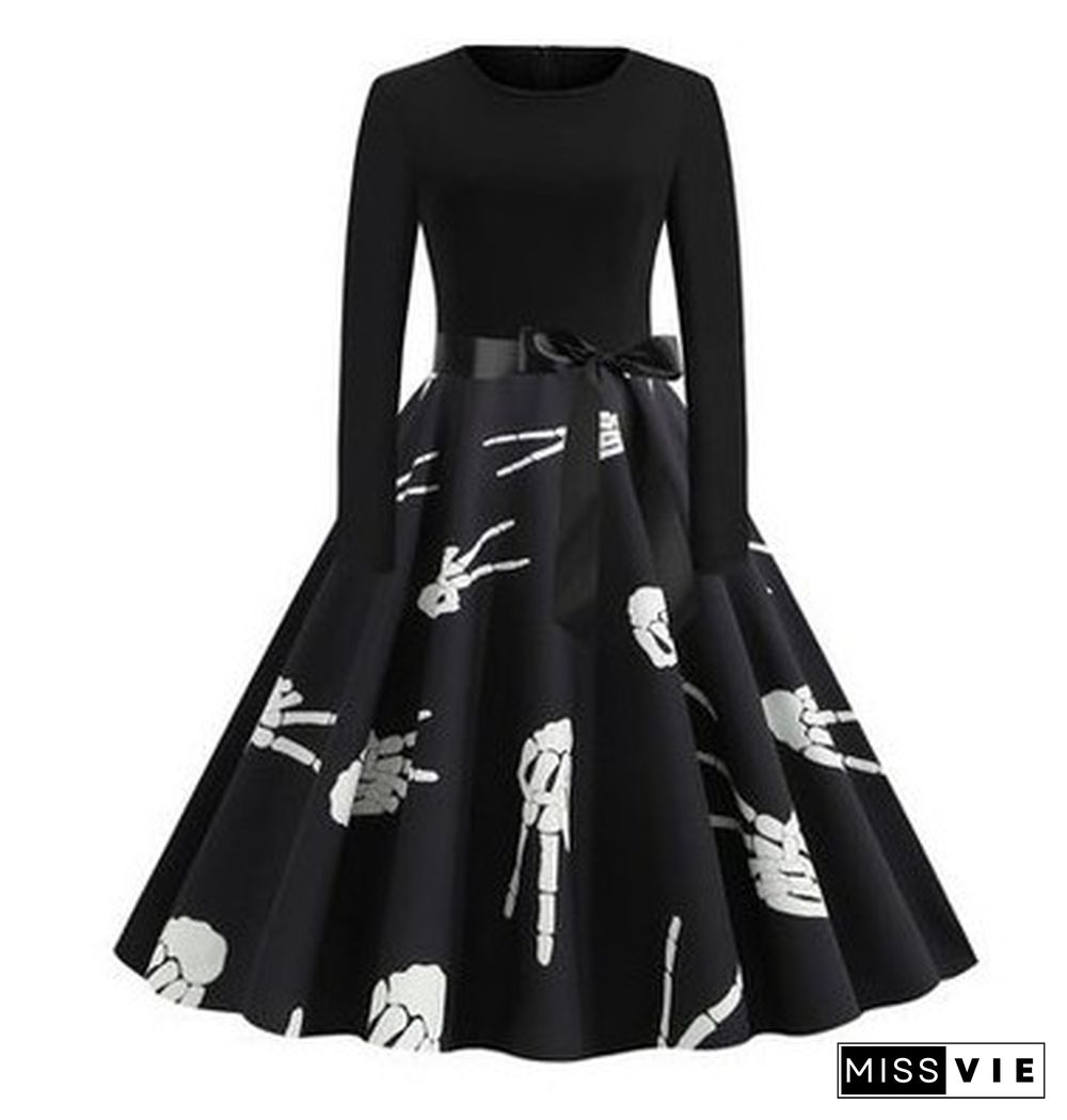 Halloween Print Stitching Long-Sleeved Big Dress