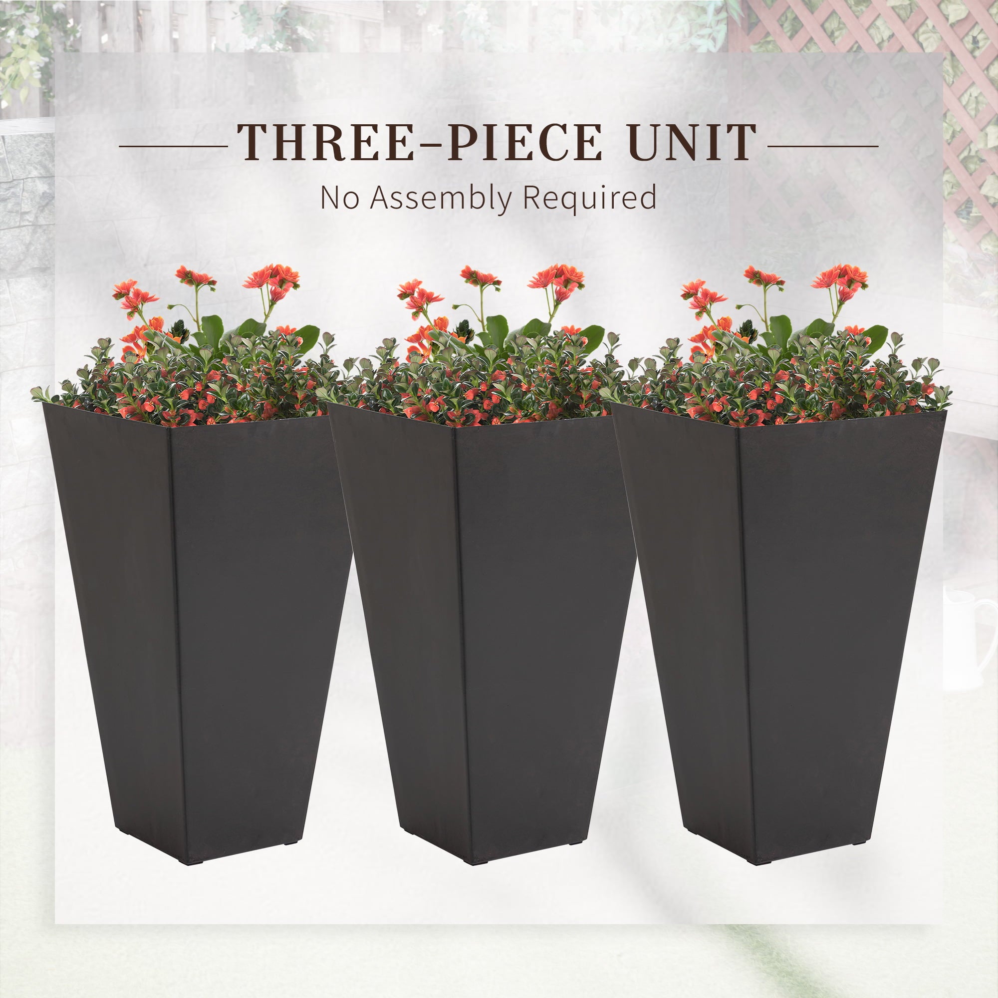 Outsunny 28" Tall Plastic Planters, 3-Pack, Large Taper Outdoor & Indoor Plastic Garden Flower Pots, for Entryway, Patio, Yard, Brown