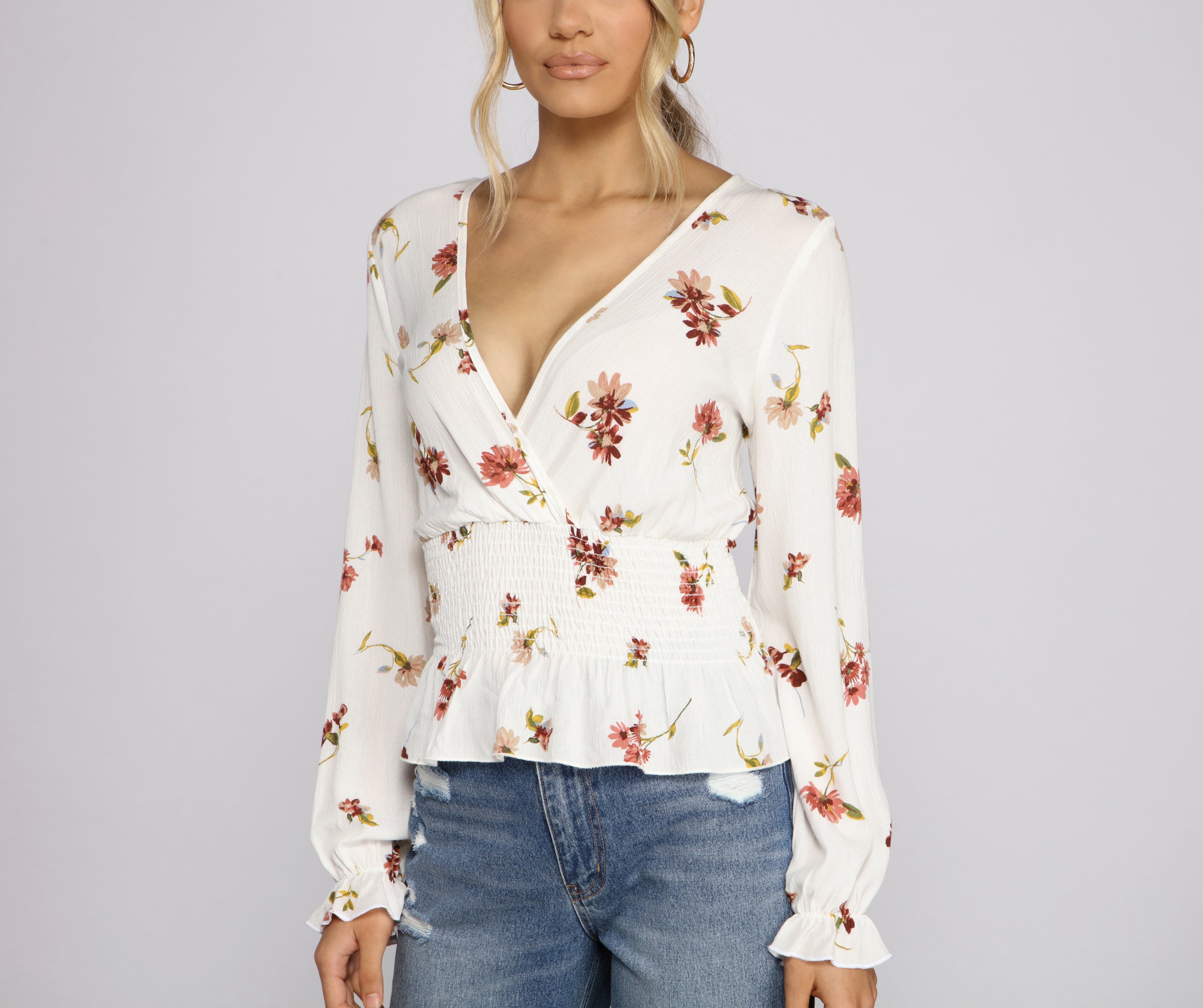 Smocked Long Sleeve Floral Surplice Gauze Top