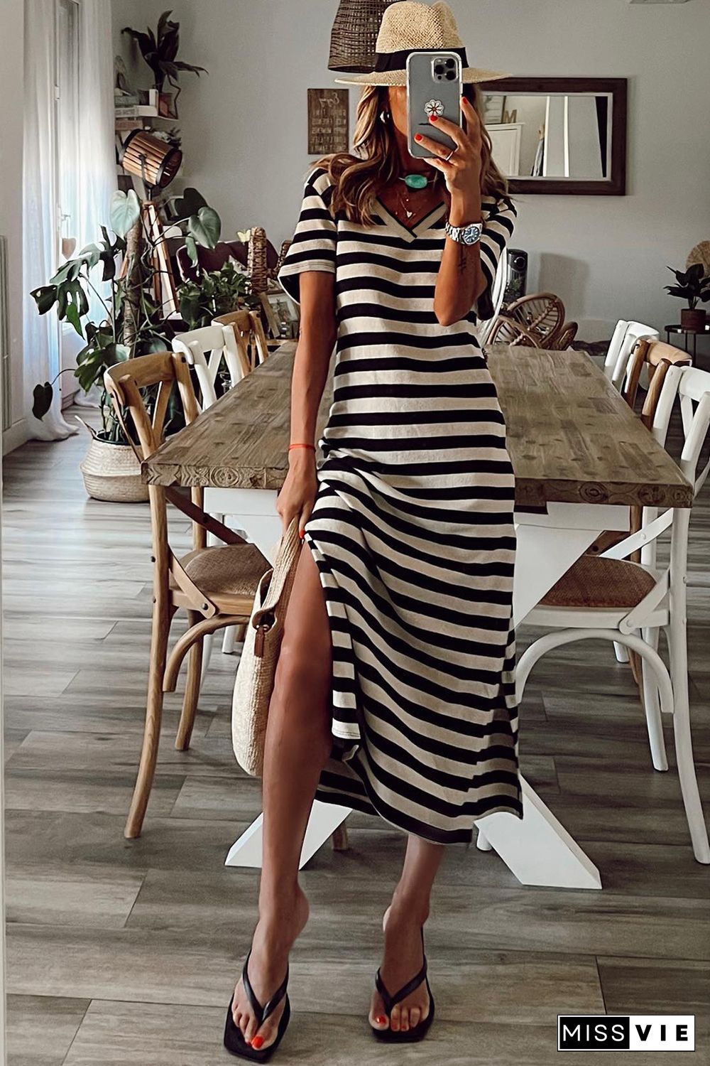 Black Stripe Print V Neck Maxi Dress with Side Splits