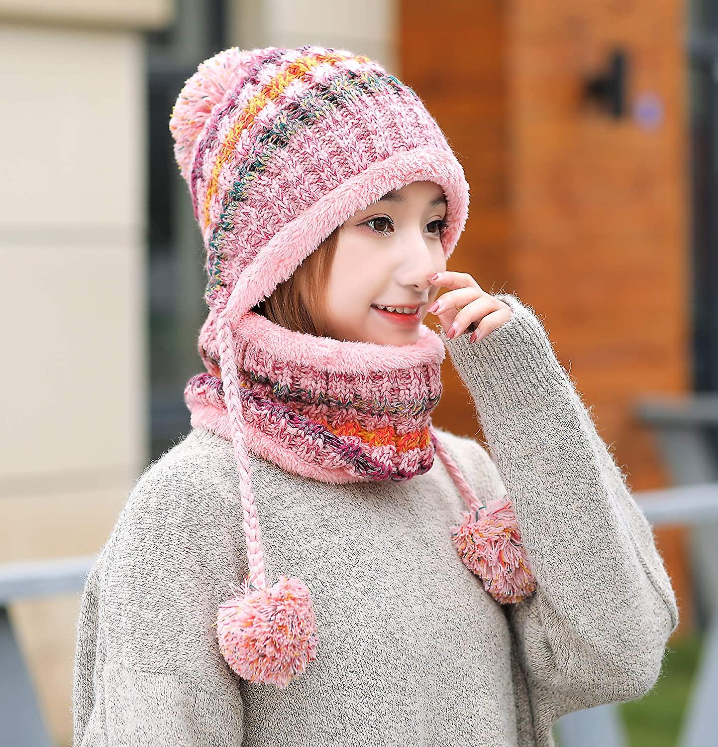 Women Winter Beanie Hat Peruvian Circle Scarf Set Ski Ear Flaps Caps Dual Layered Fleece Lined Pompoms A6-m8771-pink -