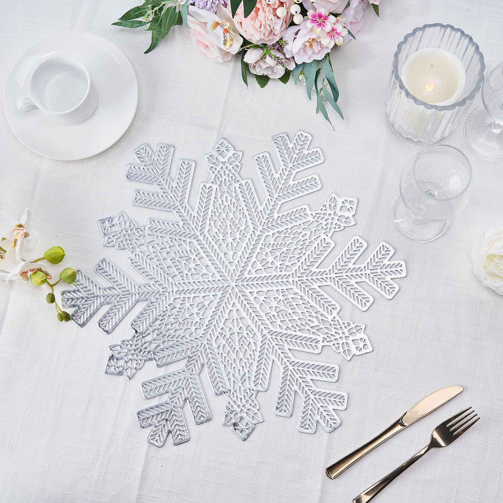 6 Pack Silver Metallic Snowflake Vinyl Placemats, Non-Slip Winter Wonderland Table Mats 18