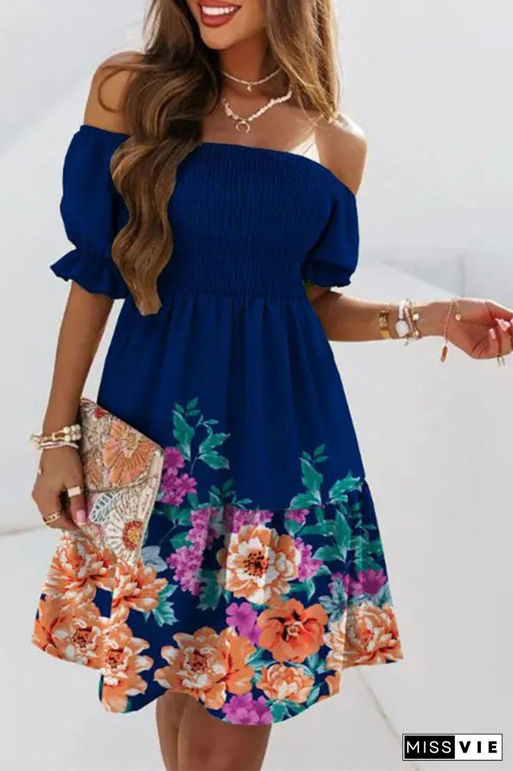 Verna Printed Off Shoulder Shirred Swing Dress