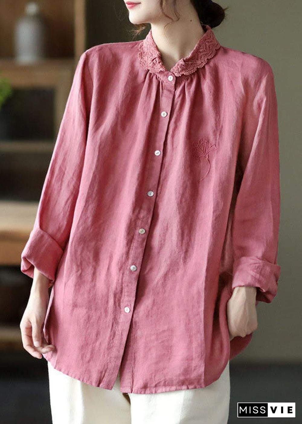 Handmade Pink Embroideried Lace Patchwork Linen Shirts Long Sleeve