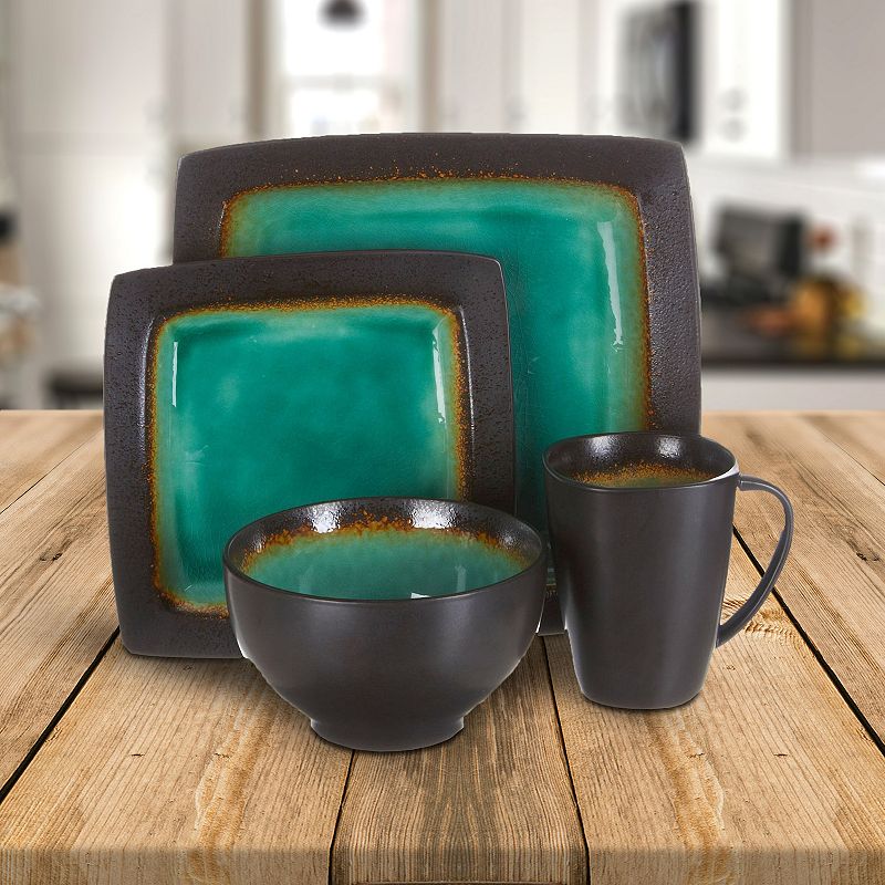 Gibson Everyday Ocean Paradise 16 Piece Square Stoneware Dinnerware Set in Jade