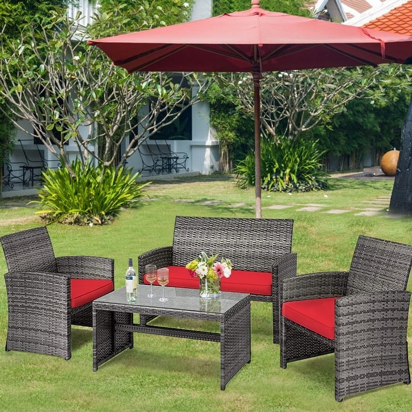 Gymax 8PCS Patio Outdoor Rattan Conversation Furniture Set w/ Red