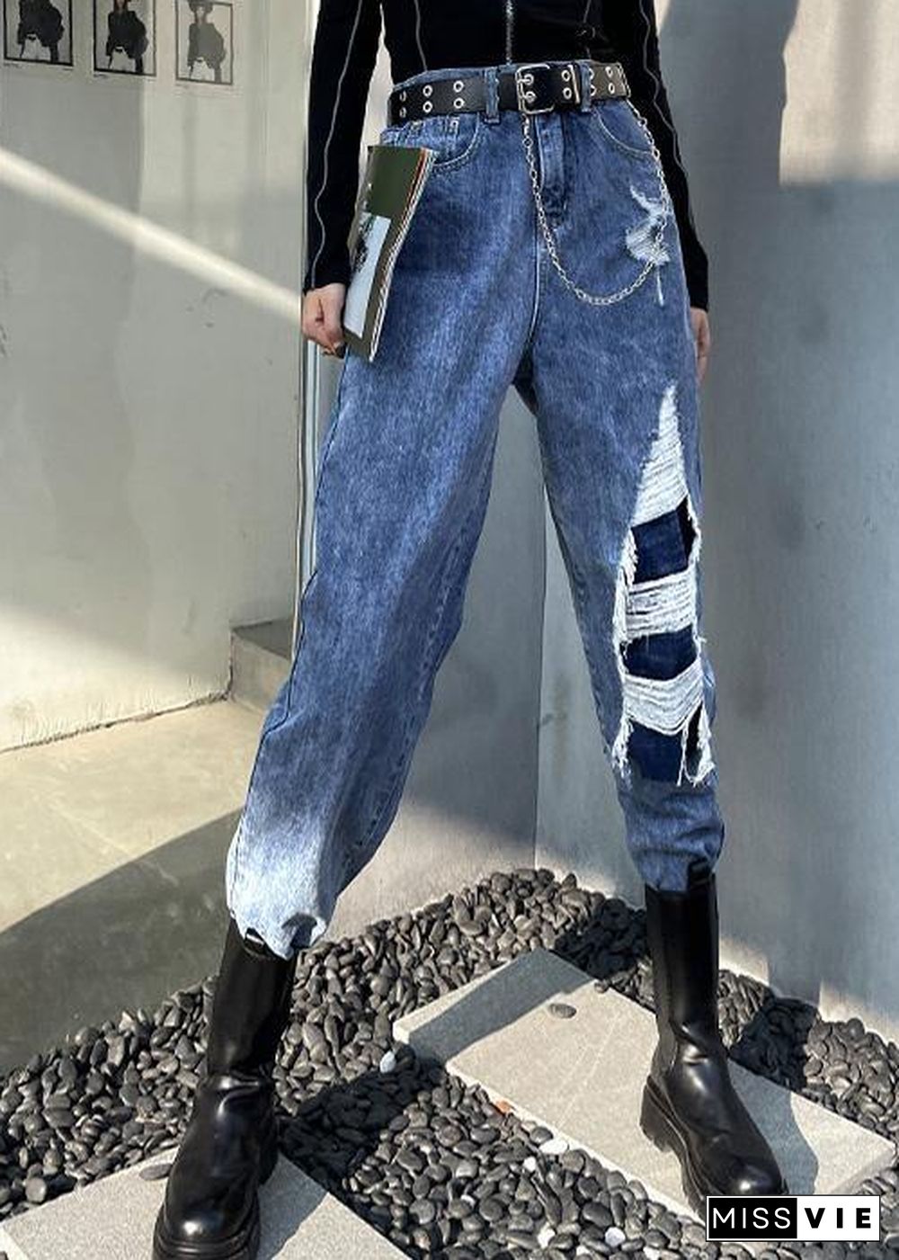 French Blue Cotton Hole Patchwork Casual Jeans Pants