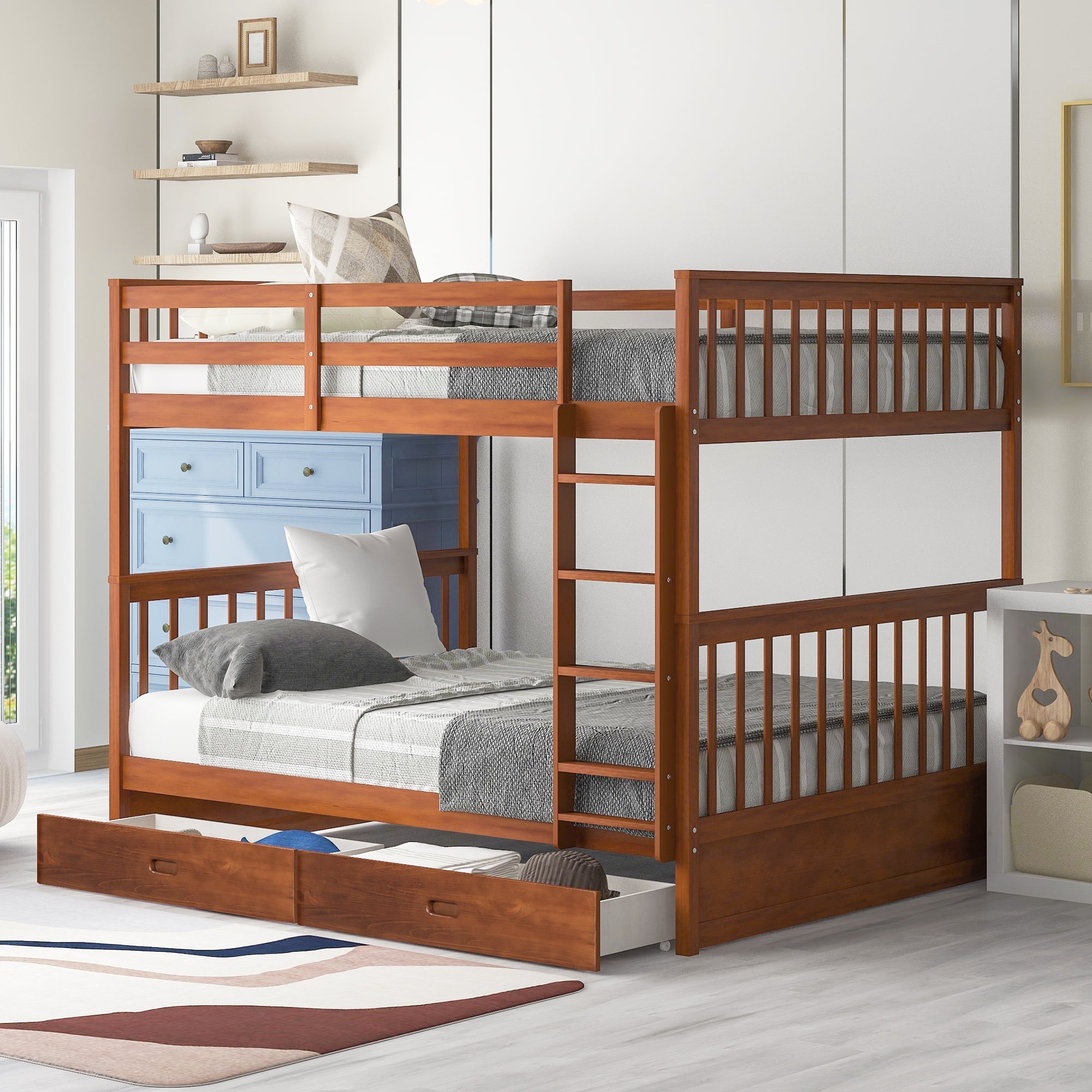 Wood Full Over Full Bunk Bed with Two Storage Drawers and Ladders for Kids Adults,Walnut