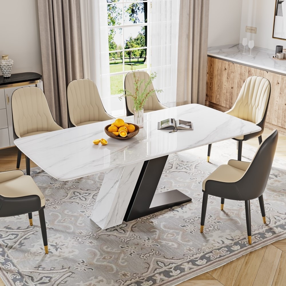 Modern and Luxury White Dining Table  with Rectangular Sintered Stone Tabletop Z shaped Stainless Steel Base