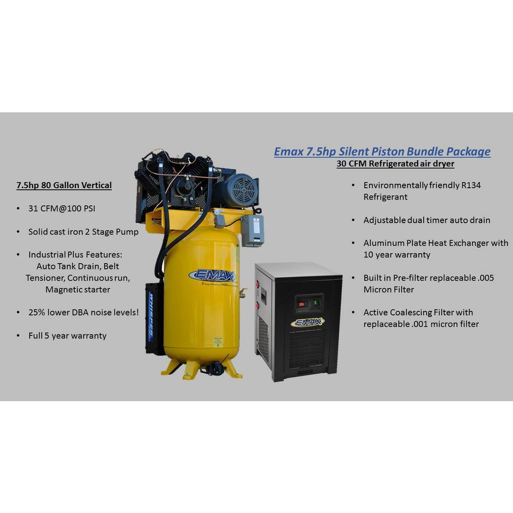 EMAX Industrial Plus 80 Gal. 7.5 HP 1-Phase 2-Stage Silent Air Electric Pressure Lube Air Compressor with 30 CFM Dryer Bundle HSP07V080V1PK