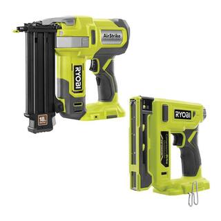 RYOBI ONE+ 18V 18-Gauge Cordless AirStrike Brad Nailer with Cordless Compression Drive 38 in. Crown Stapler (Tools Only) P321-P317