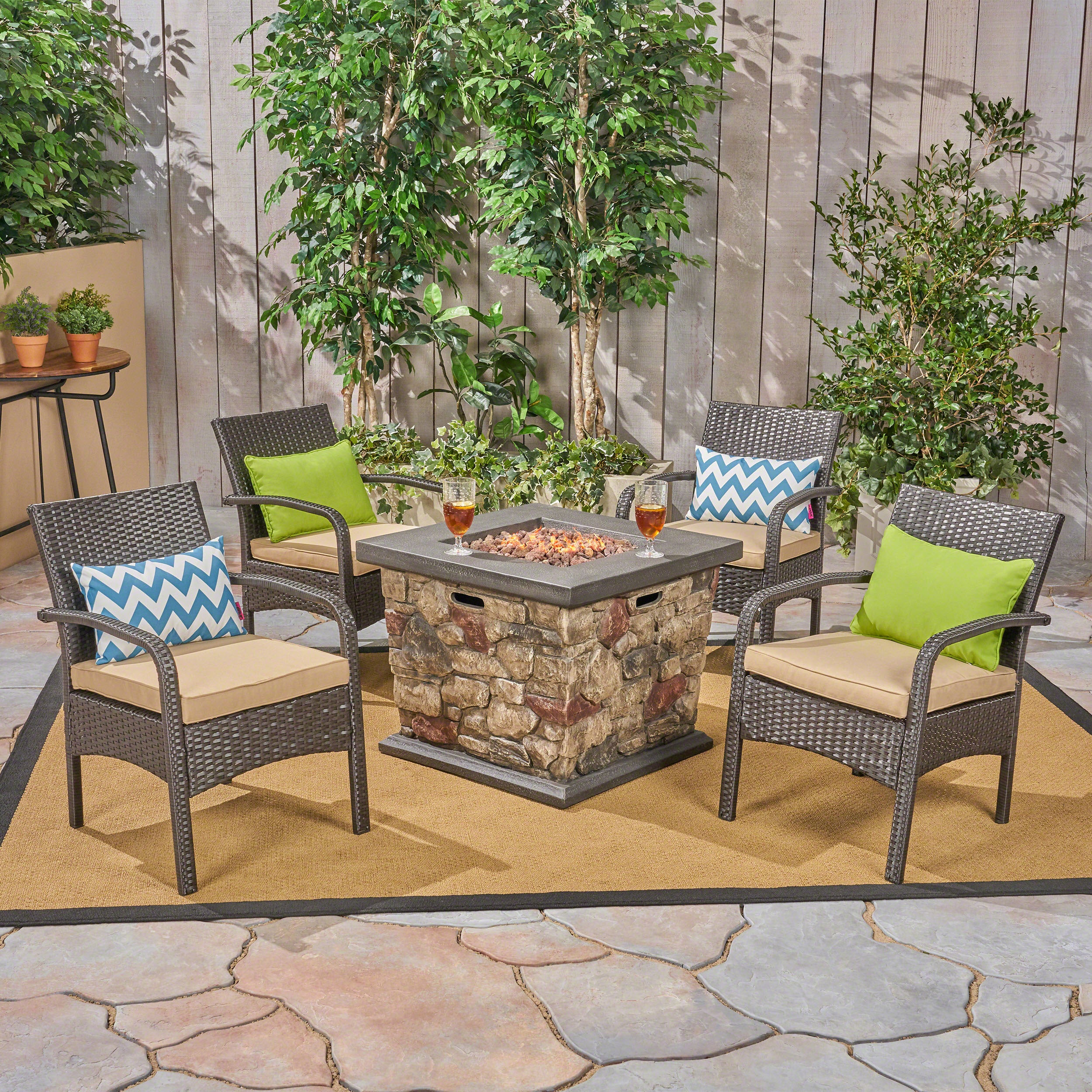 Mavis Patio Fire Pit Set, 4-Seater with Club Chairs, Wicker with Outdoor Cushions