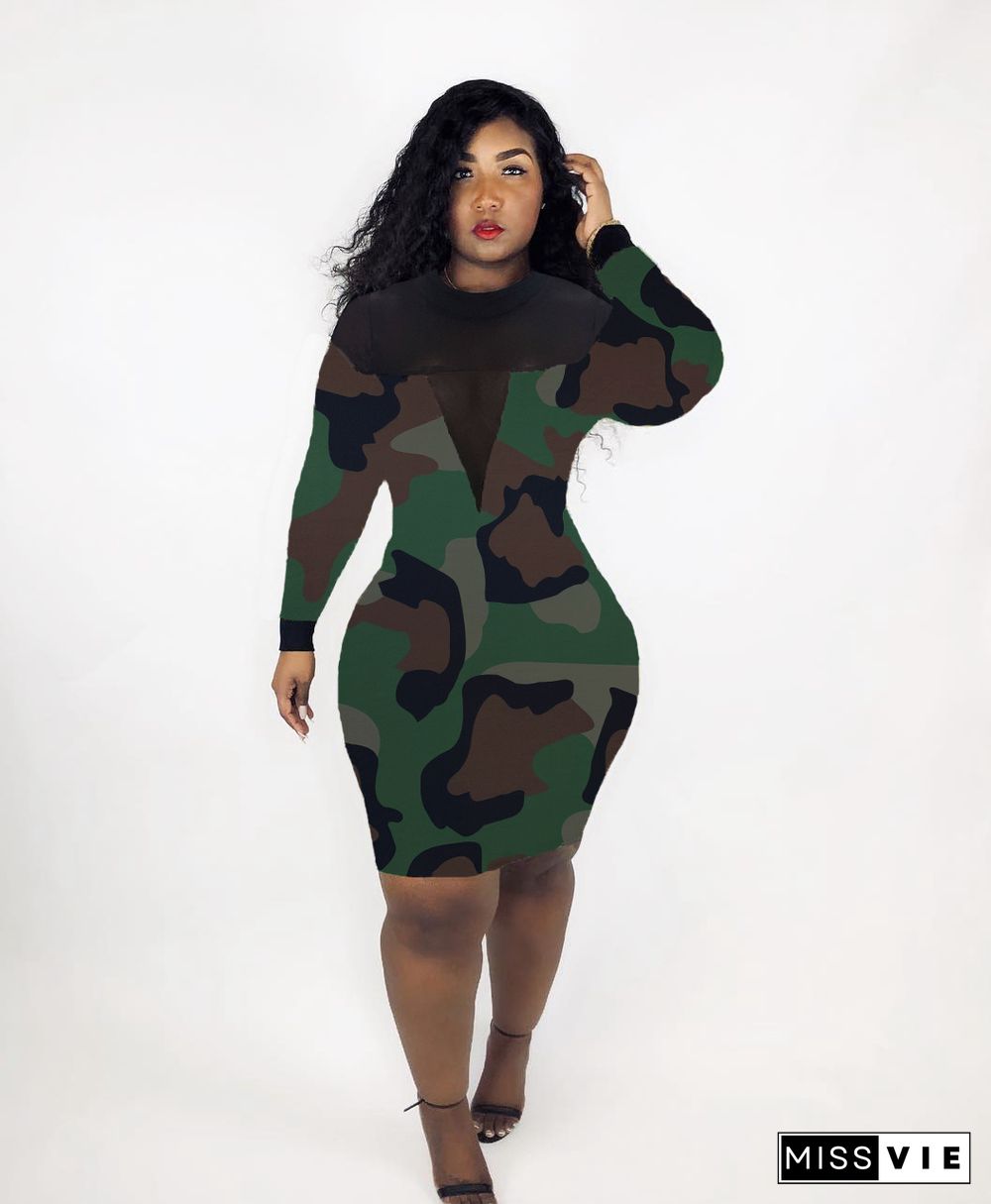 Mesh Patchwork Leopard Camouflage Bodycon Midi Dress