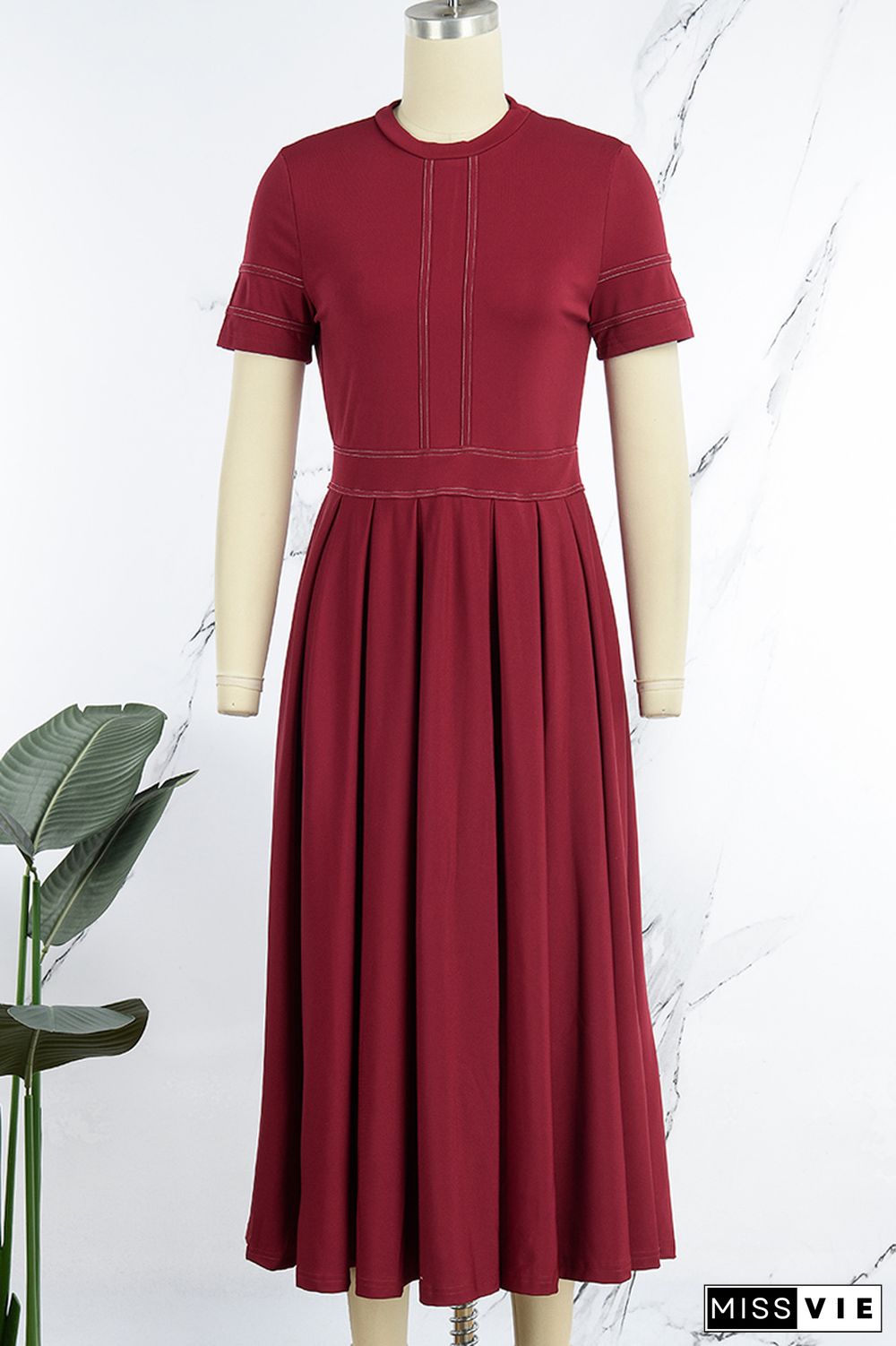 Burgundy Casual Solid Patchwork O Neck Short Sleeve Dress