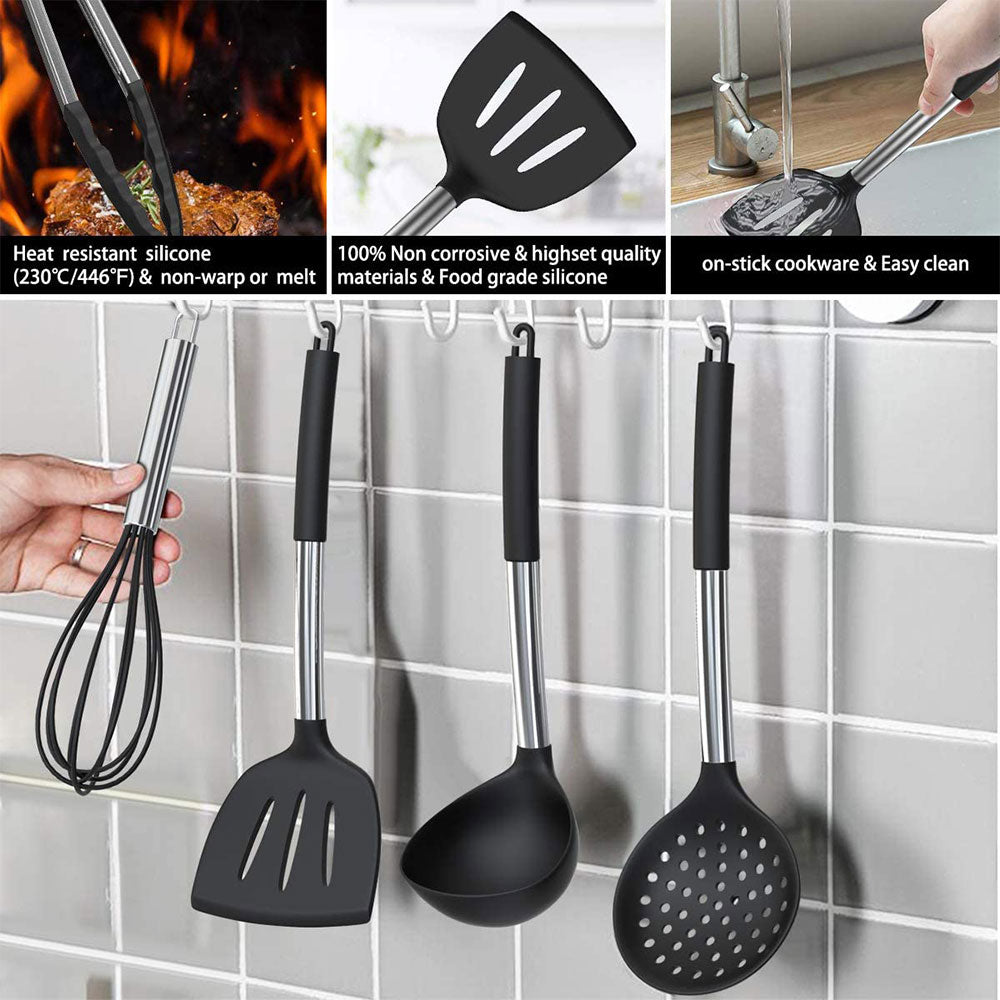 17Pcs Silicone Cooking Utensil Set, Kitchen Utensils Cooking Utensils Set, Food Grade Silicone Spatula Set, Non-stick Heat Resistant Silicone Cookware with Strong Stainless Steel Handle