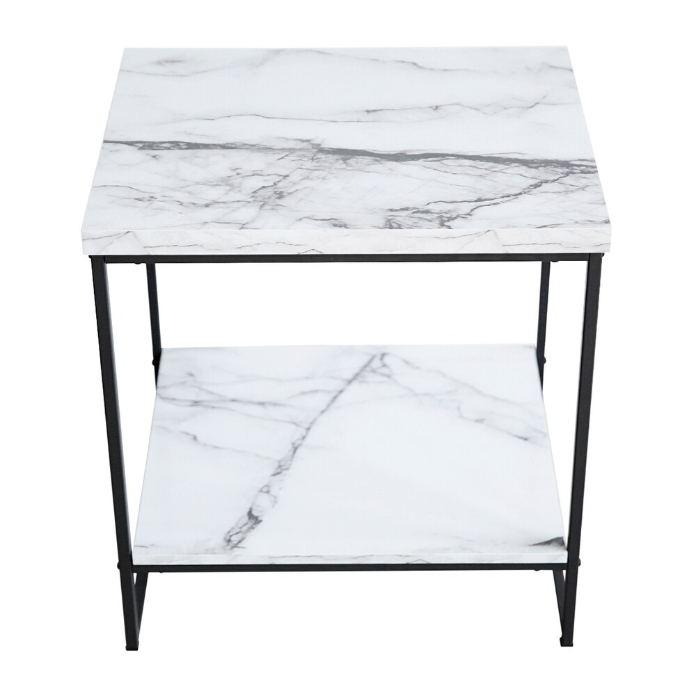 Roomfitters 2 Tier White Faux Marble Print End Table for Living Room