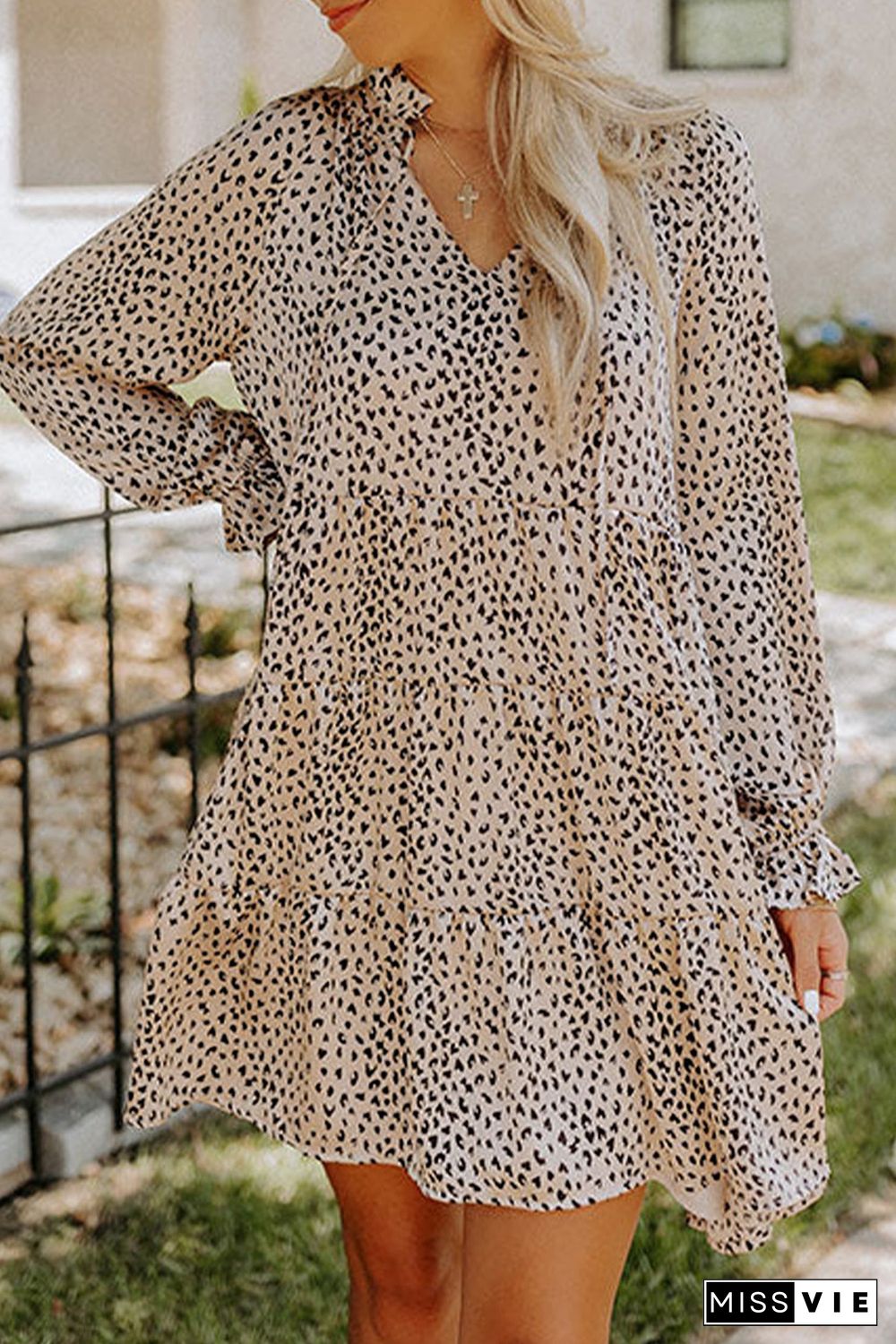 Khaki Leopard Print Ruffled V Neck Long Sleeve Mini Dress