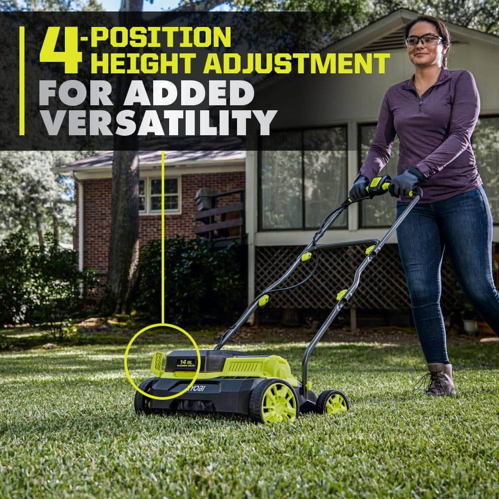 RYOBI ONE+ HP 18V Brushless 14 in. Cordless Battery Dethatcher/Aerator with (2) 4.0 Ah Batteries and Charger P2740