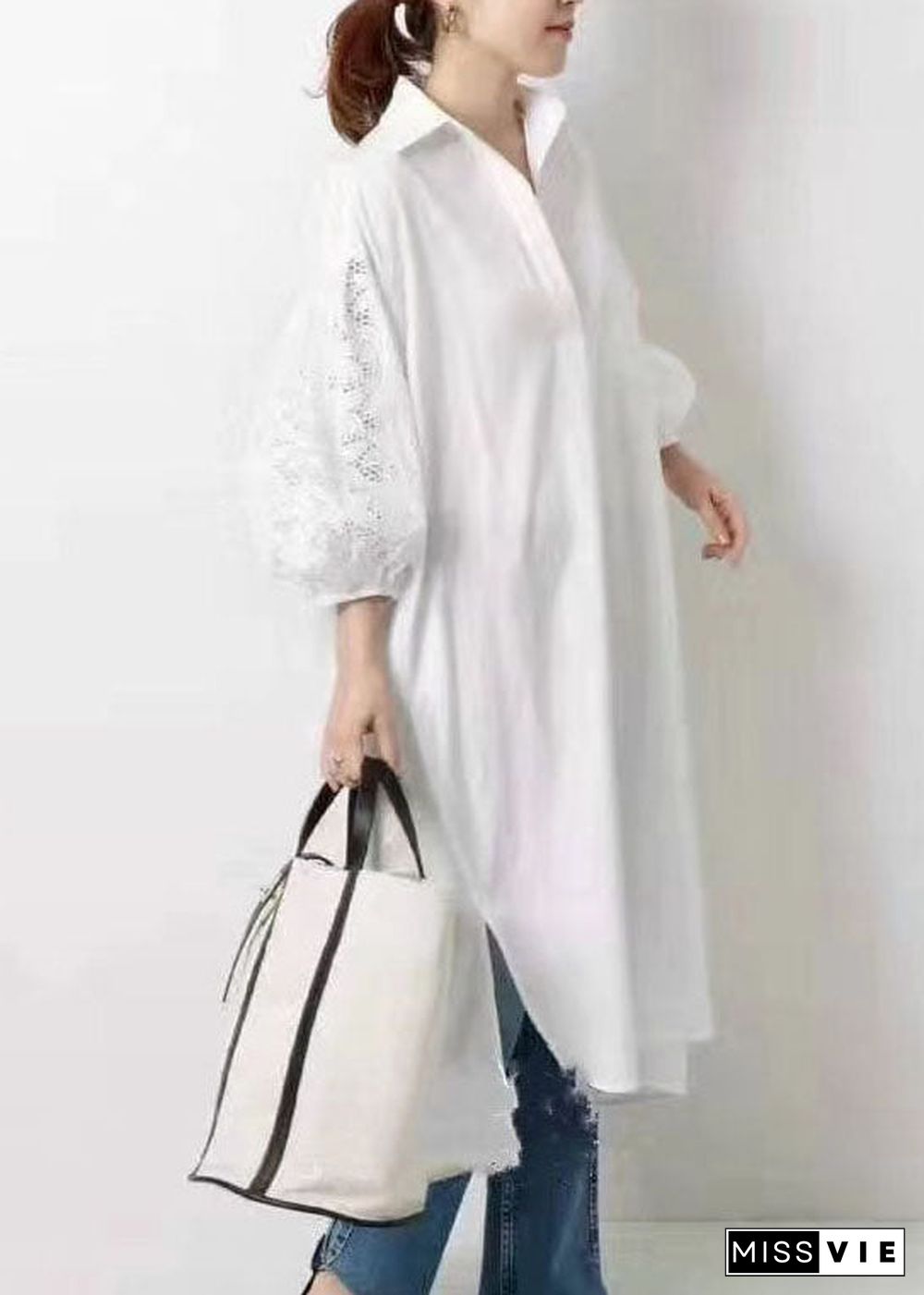 Natural White Lace Patchwork Cotton Shirts Dress Half Sleeve