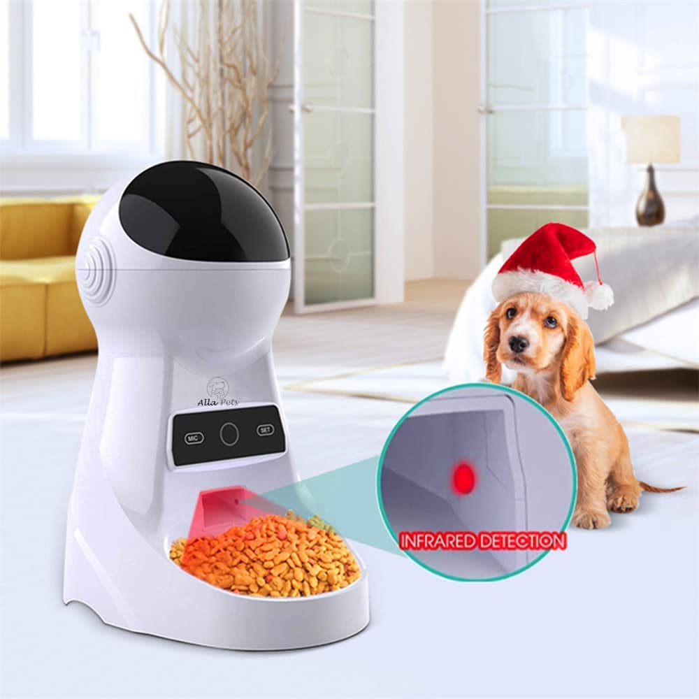 Alla Pets Dogs and Cats Feeder， Smart Automatic Pet Feeder Food Bowl Tank， Auto Pet Dry Food Dispenser 1~39 Portions Meal for Small and Large Pets (White)