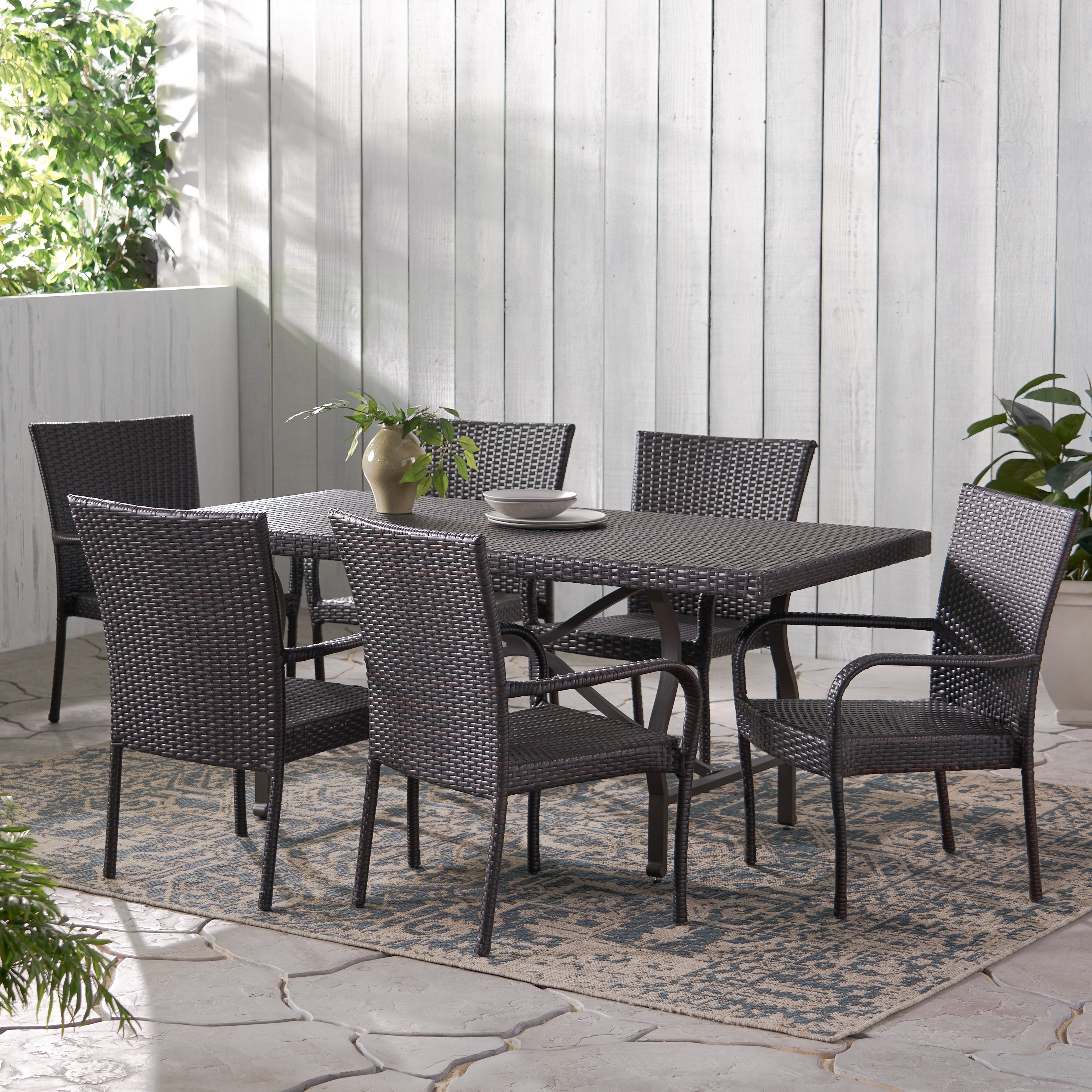 Walthham Outdoor 7 Piece Multibrown Wicker Dining Set