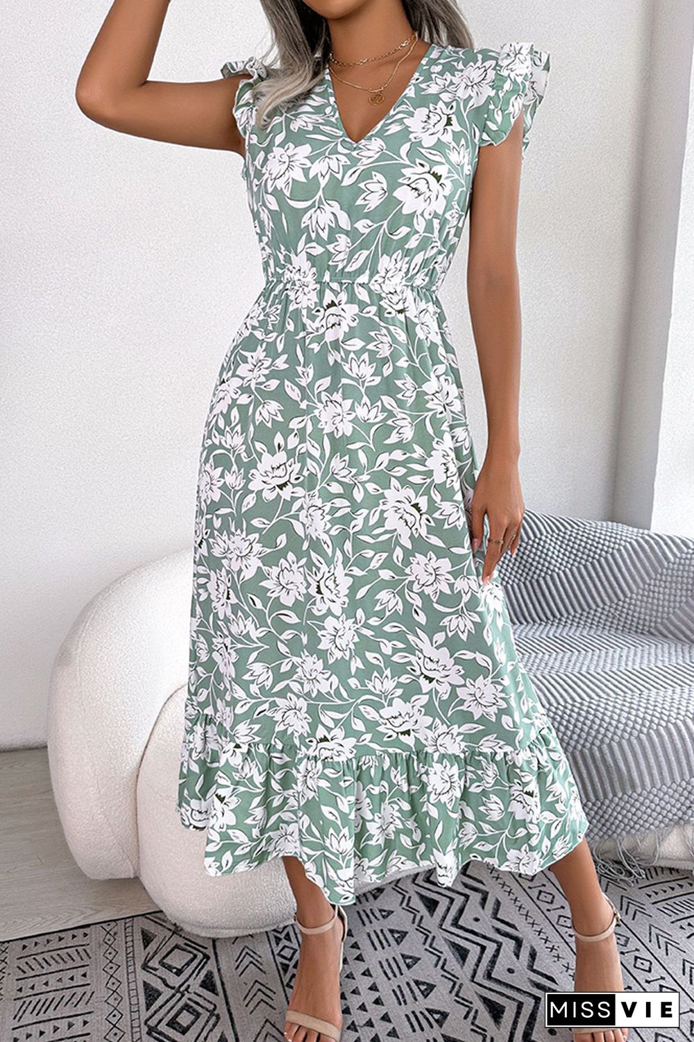 V Neck Flutter Sleeves Maxi Floral Dress