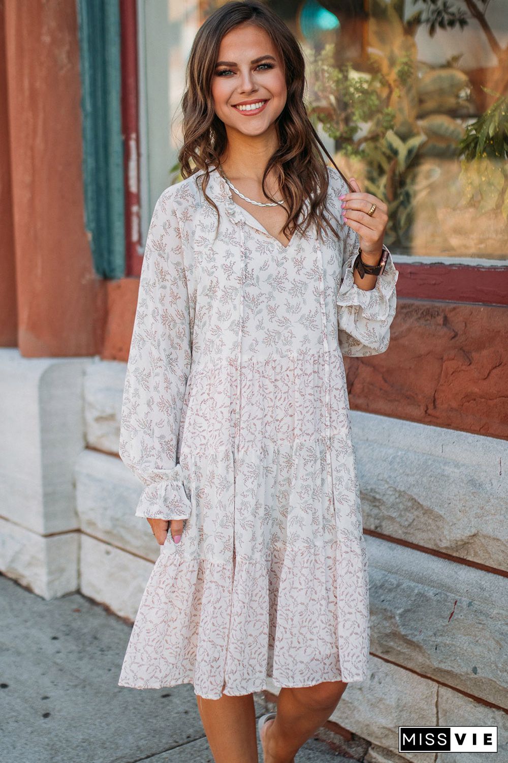 White Split Neck Floral Print Long Sleeve Swing Dress