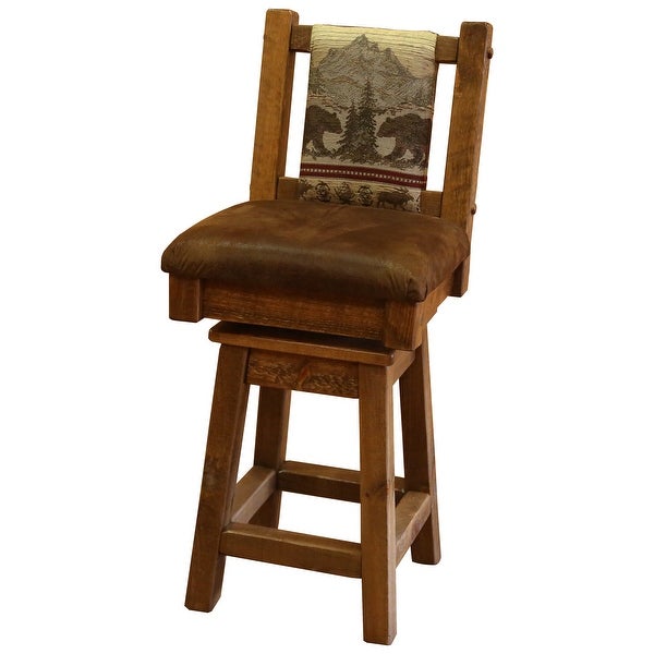 Farmhouse Timber Peg Swivel Upholstered Barstool with Back