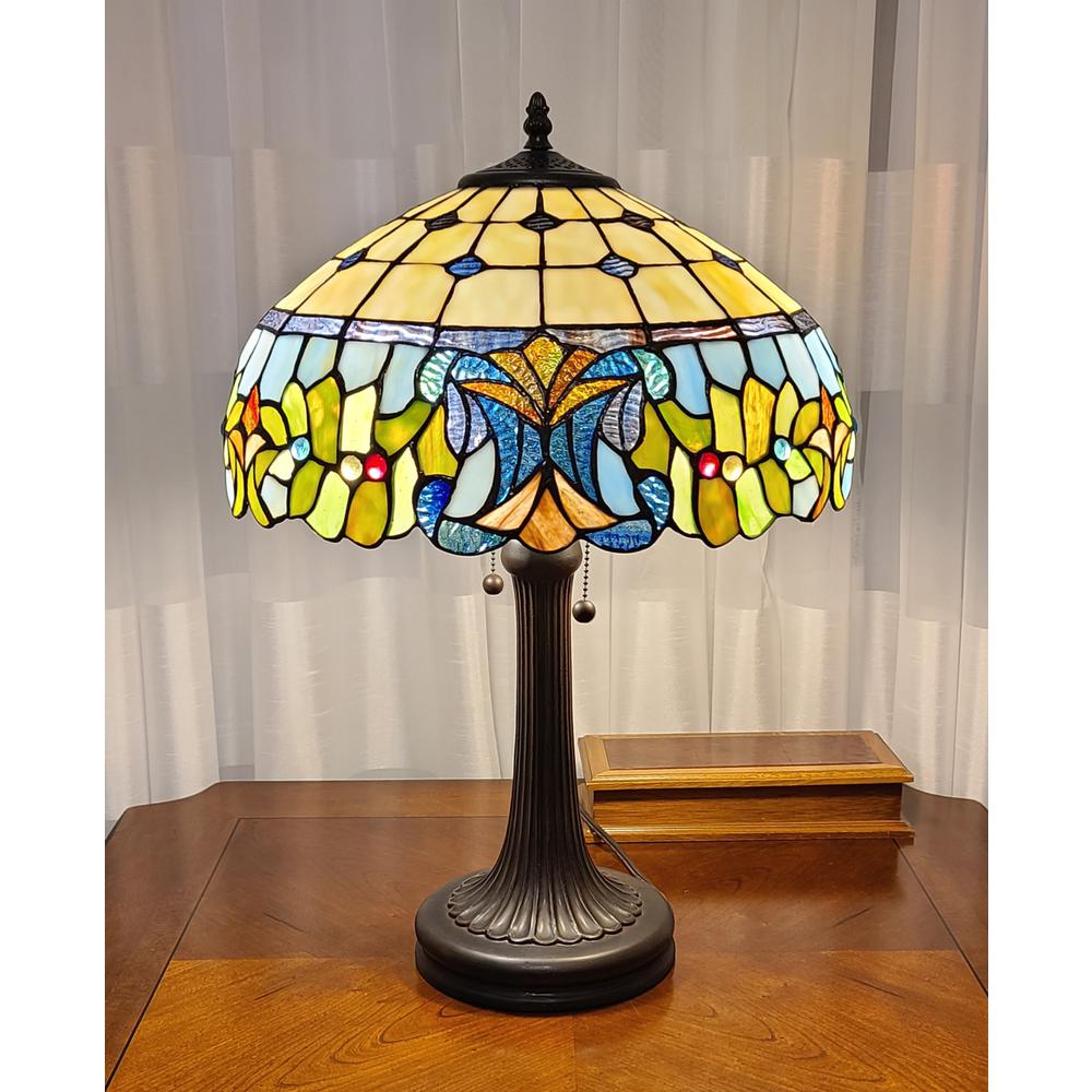 23" Stained Glass Two Light Jeweled Floral Accent Table Lamp