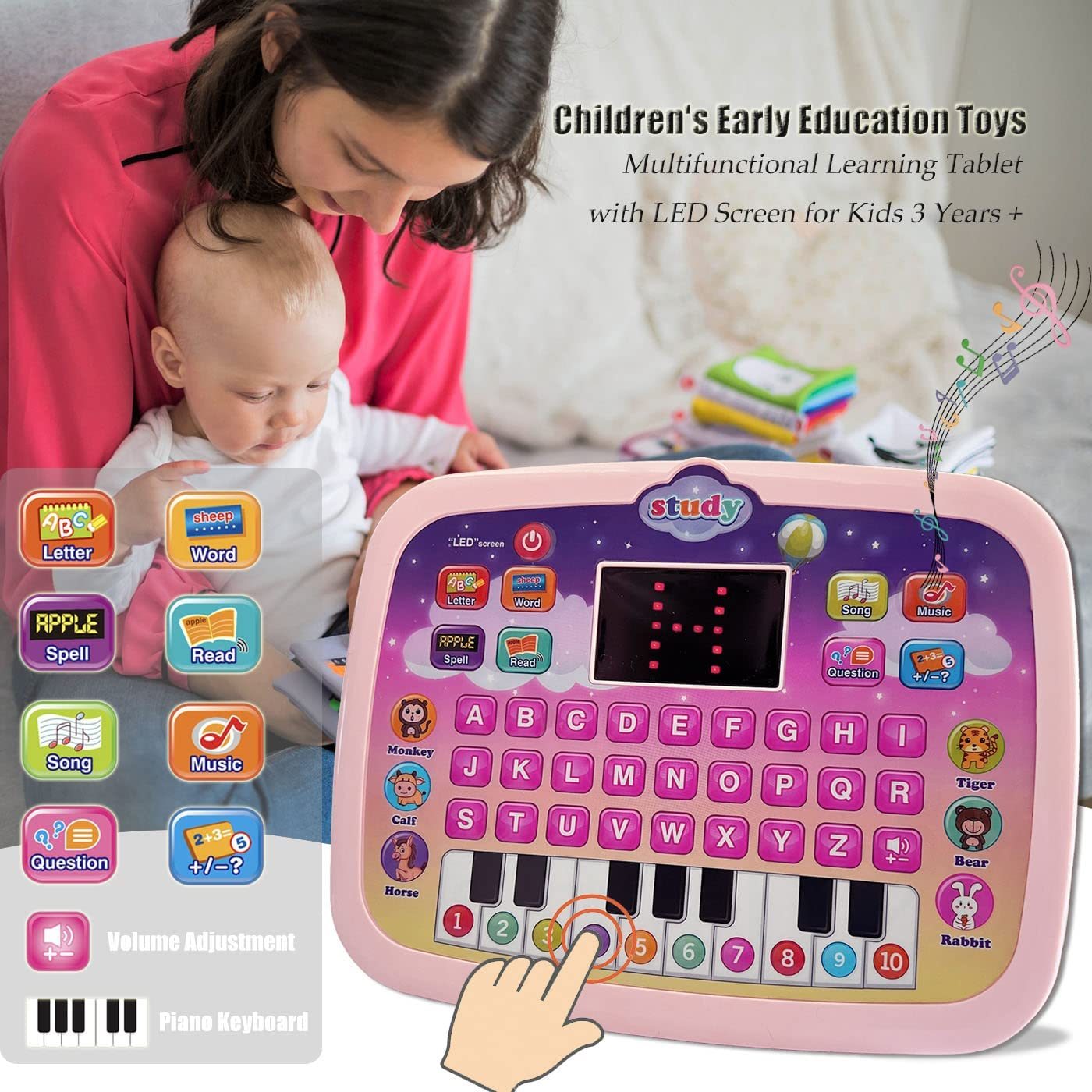 Kid Tablet Toddler Learning Pad Teach Music/Piano/ABC/Numbers，  3+ BoysandGirls Educational Toys Green