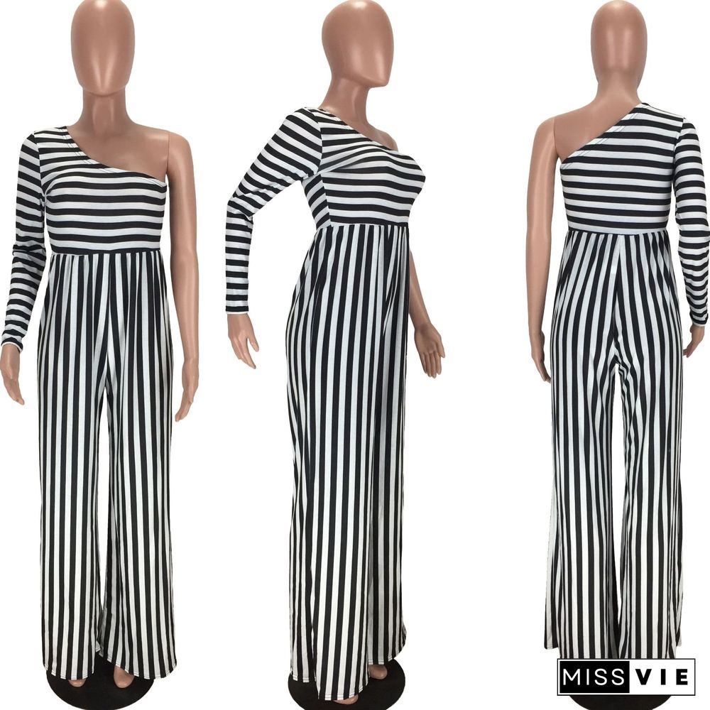 Plus-size Diagonal Single Sleeve Stripe Mosaic Jumpsuit