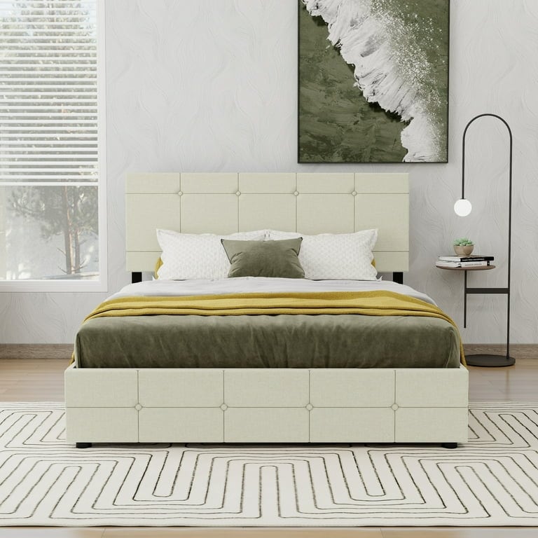 NNV Upholstered Platform Bed Frame with 4 Storage Drawers  Button Tufted Design