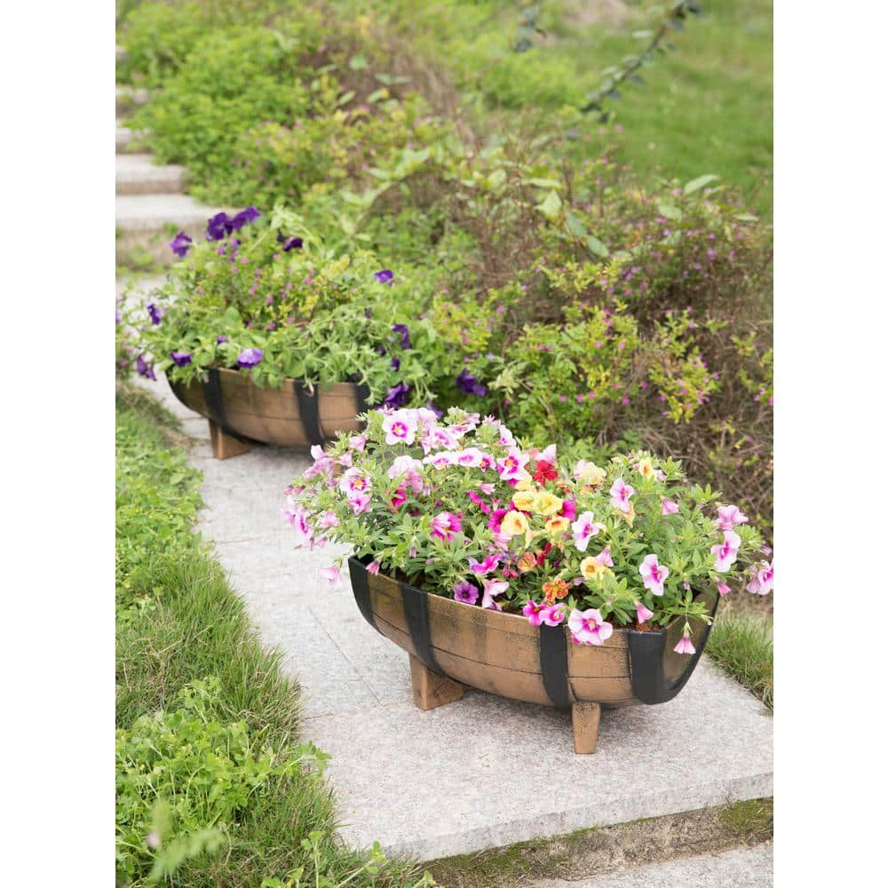 Gardenised Rustic Wood-Look Plastic Half Barrel Flower Pot Garden Planter (Pack of 2) QI003695