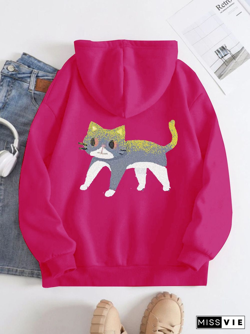 Printed on the Back Kangaroo Pocket Hoodie Long Sleeve for Women Pattern Cat