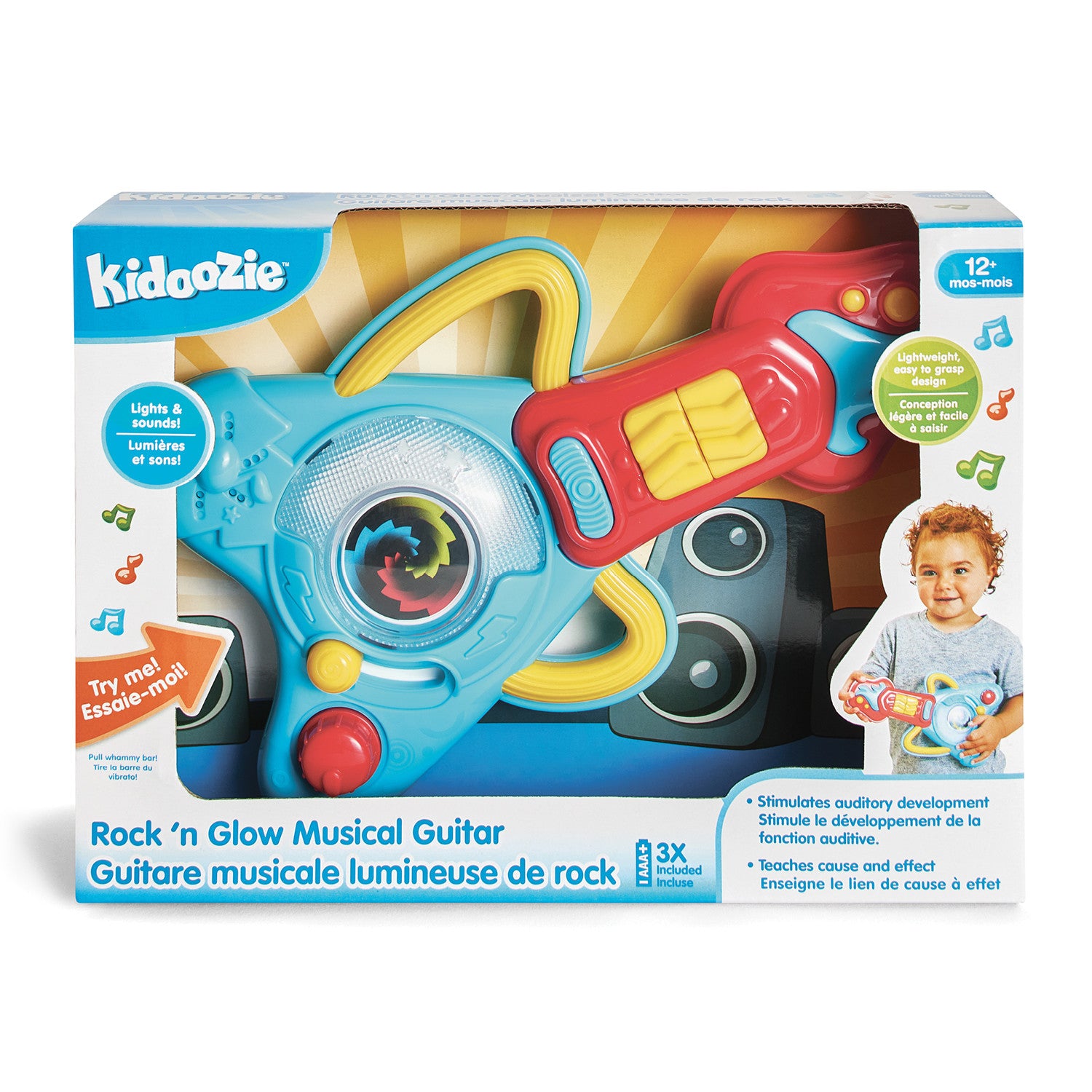 Kidoozie Rock N Glow Musical Guitar， Handheld Toy Instrument with Lights and Sounds for Toddlers 12M+