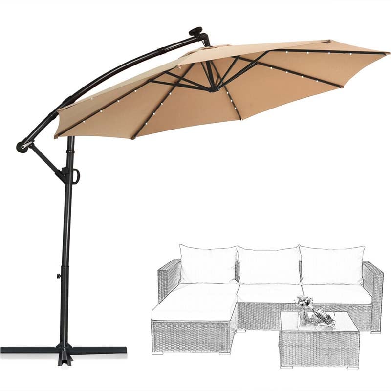 10 FT Patio Offset Umbrella with Solar Lights 360° Rotation Outdoor Market Umbrella with Crank Handle & Cross Base