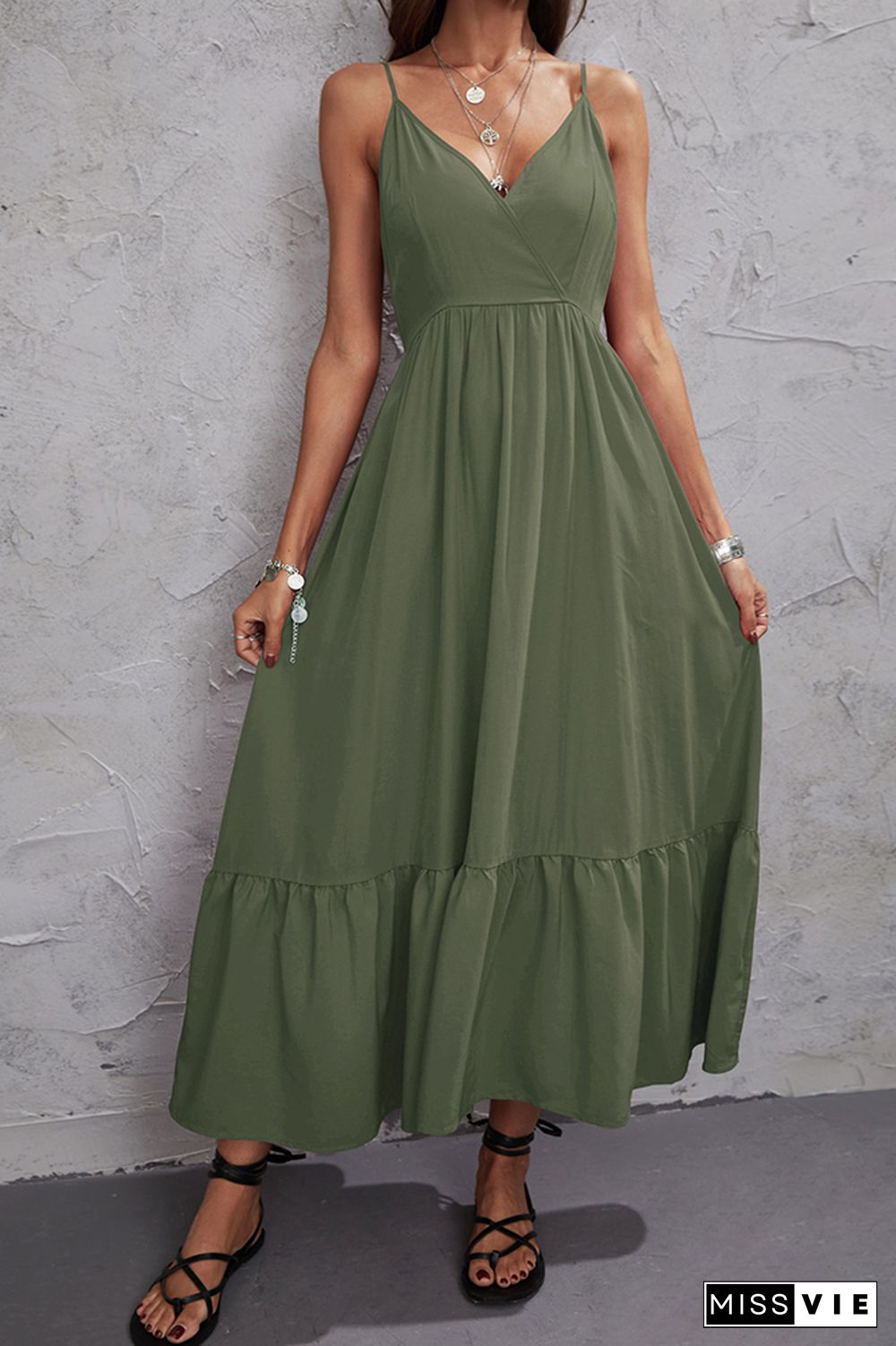 Plain Spaghetti Splicing Smocked Maxi Dress