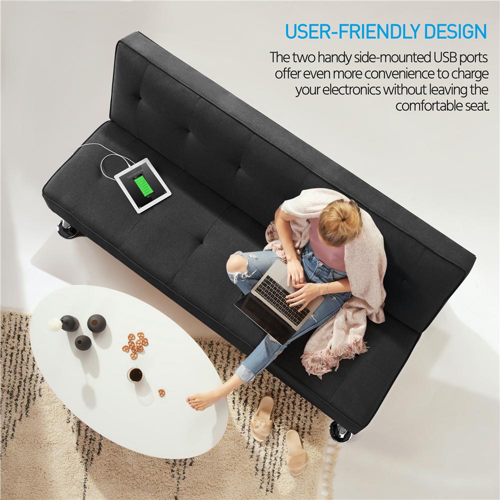 Alden Design Modern Fabric Convertible Futon with USB， Black