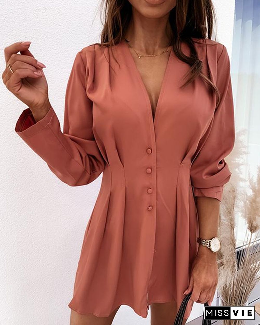 Solid Slim Pleated Long Sleeve Tight Waist Shirt Dress