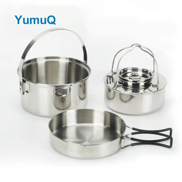 YumuQ 3 Pieces Eco friendly Stainless Steel  Cooking Pot Collapsible Camping Cookware Set For Outdoor Hiking