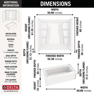 Delta Classic 500 60 in. x 30 in. Alcove Right Drain Bathtub and Wall Surrounds in High Gloss White BVS2-C512-WH